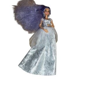 Long purple hair jointed Barbie doll evening formal dress